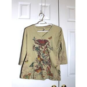 Cubism Y2K Butterfly Tattoo Print 3/4 Sleeve Graphic Tee sz L